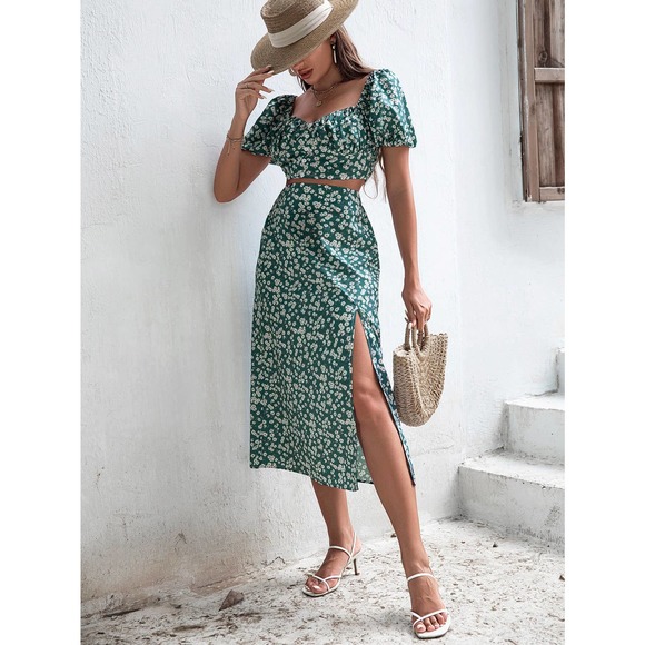 two piece skirt set: Floral Puff Sleeve Crop Top & Split Thigh midi Skirt green - Picture 4 of 5
